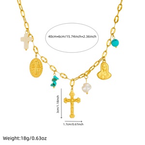 Gold Plated Stainless Steel Cross Pendant Necklace With Virgin Mary Pearl And Turquoise Charms For Religious Ceremonies Unisex - Product Image 4