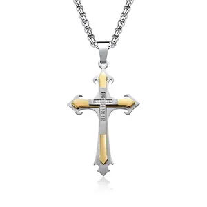 KOMI Three Layers Floral Combination Inlaid Diamond Cross Pendant Necklaces Fashion Vintage Men's Titanium Steel Cross Necklace