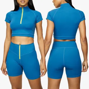 Conjunto de shorts com zíper refletivo para ioga, conjunto personalizado de roupas fitness para academia e academia, shorts com elevador de bunda, conjunto de ioga