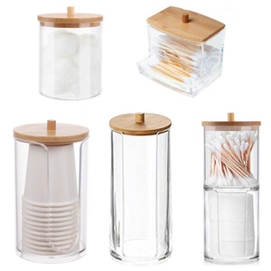 Acrylic Storage Box Bathroom Jar Makeup Organizer Cotton Round Pad Holder Cotton Swab Box Qtip Holder Dispenser With Bamboo Lid
