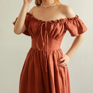 Vestidos Midi de Moda para Mujer, Casuales, de Lino y Algodón, para Verano, con Cintura Natural, Tejidos, con Patrón Sólido y Sexy, OEM - Product Image 4