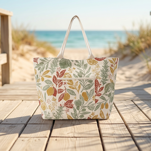 Cotton Shopping Bag with Multicolor <b>Botanical</b> Leaf <b>Print</b> Cotton Shopping Tote Bag with Long Handles - Product Image 4