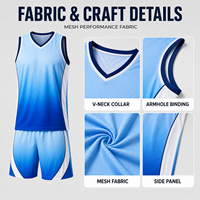 Uniforme de basket-ball pour hommes bleu dégradé personnalisé, ensemble de maillots en maille respirante à col en V pour les compétitions de basket-ball de ligue