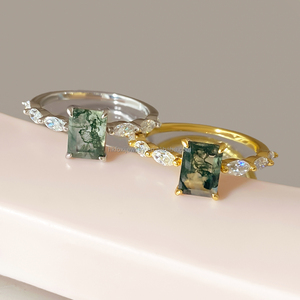 Anillo de Compromiso y Boda de Ágata Musgosa con Corte Princesa, Joyería Fina Clásica de Buena Calidad para Mujer, Regalo y Aniversario - Product Image 1