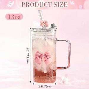 Mug en verre carré mignon avec poignée, design coloré, fond plat, paille colorée, pour femmes, résistant aux hautes températures, usage domestique - Product Image 2