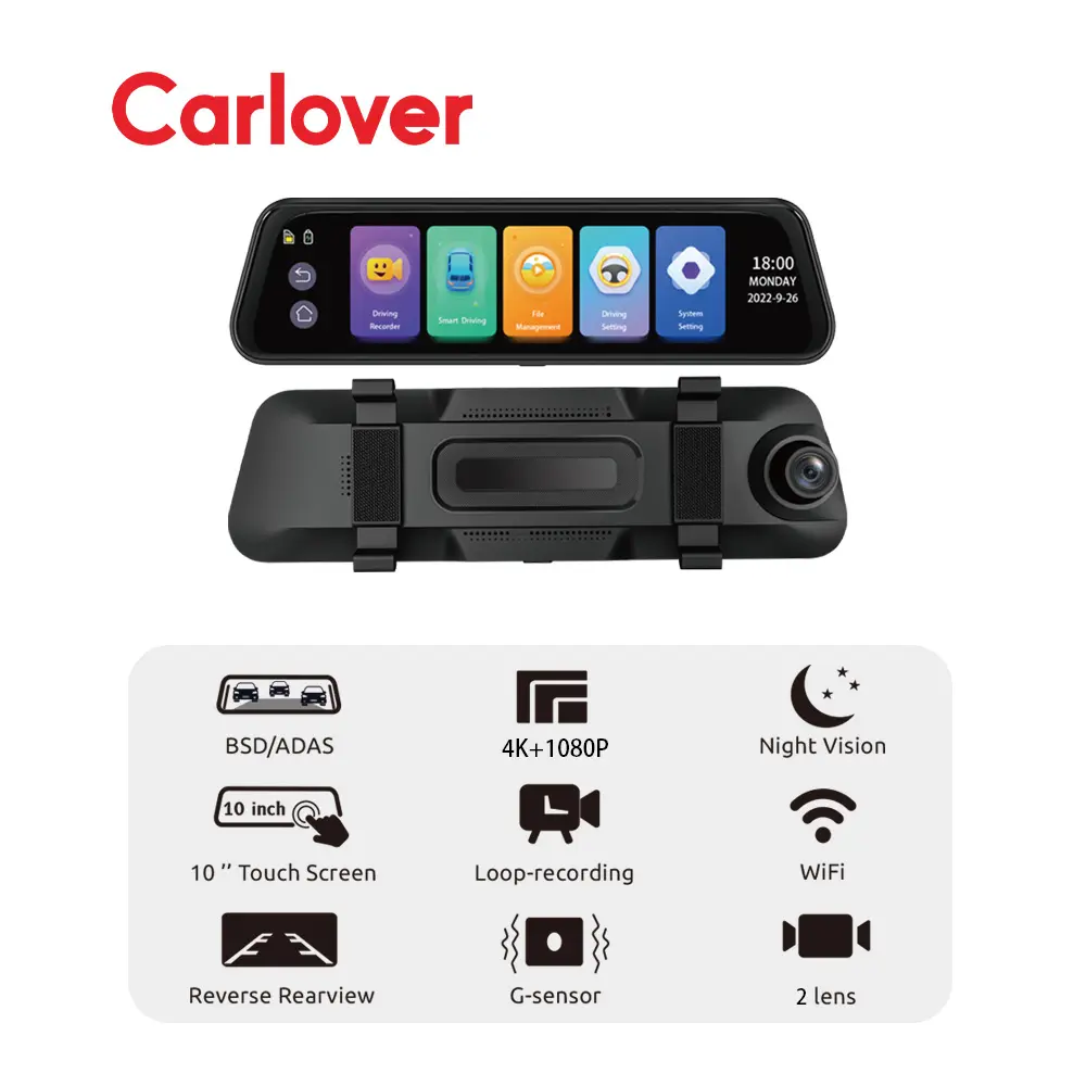 Carlover N8pro 4K avant et arrière rétroviseur de voiture caméra de voiture enregistreur double caméra de tableau de bord