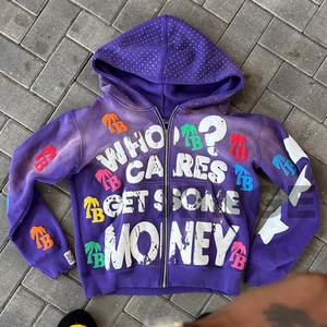 Sudadera con capucha extragrande de algodón 100% para invierno, con cremallera, estampado puff, lavado ácido, efecto desgastado, corte holgado y pedrería, de fabricantes personalizados - Product Image 1