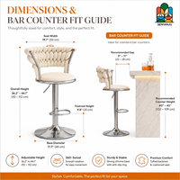 Tabouret de bar moderne en peluche blanc cassé avec dossier semi-circulaire tressé et base sur pied à vérin à gaz en chrome poli