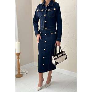 Conjunto de Mujer de Mezclilla Azul Marino al por Mayor, Manga Larga, con Abertura, Transpirable, con Lycra - Product Image 2