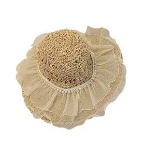 Lace <b>Straw</b> Sun <b>Hat</b> For Women Wide Brim Foldable Breathable Y2K Style Beach Summer Sun Protection Solid Color Pearl Lace - Product Image 5