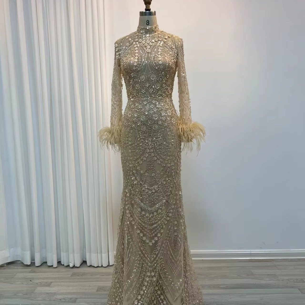 Long Sleeve Muslim Women Wedding Party Dubai Gowns Gold Luxury Beaded  Feathers Mermaid Long Evening Dresses| Alibaba.com