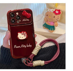 Coque de téléphone antichoc en silicone souple avec lanière motif chat et nœud papillon, couleur rouge bordeaux, pour iPhone/Huawei/Oppo/Vivo/Redmi - Product Image 1