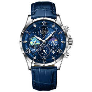 Reloj de Cuarzo Lige Analógico con Fase Lunar, Cronógrafo, Fecha Luminosa, Resistente al Agua 30M, Reloj de Pulsera de Cuero para Hombre - Product Image 5