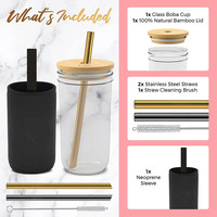 24oz large bouche en verre réutilisables gobelets smoothhies tasses pour boba thé avec plafond en bambou