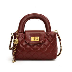 Brown <b>quilted</b> leather <b>handbag</b>, vintage style, metal chain embellishment, women's crossbody bag - Product Image 1