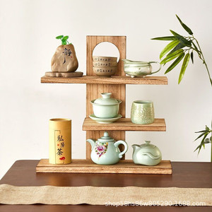 Solid Wood Desk <b>Tea</b> Display Shelf With Teapot <b>Cup</b> Storage Rack For Living Room Decor - Product Image 1
