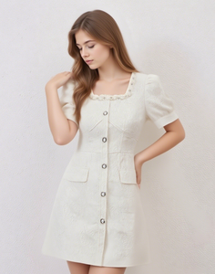 Elegante abito a collo quadrato a maniche a sbuffo da donna tessuto con elegante decorazione a bottone estivo 2025 moda asiatica negozio Online - Product Image 4