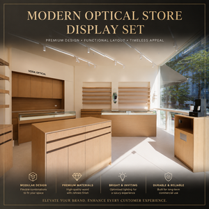 Meubles de magasin d'optique en bois clair minimaliste, étagères murales flottantes, vitrine en verre, îlot de présentation pour boutique d'optique - Product Image 1