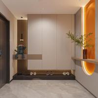 Console d'entrée nordique aux tons naturels avec rangement fermé pour une utilisation moderne dans l'entrée de la maison et comme séparateur de salon