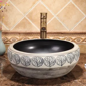 leaf pattern Increase round shape Europe Vintage Style Hand Painting Art wash basin bathroom sinks hand carve basin