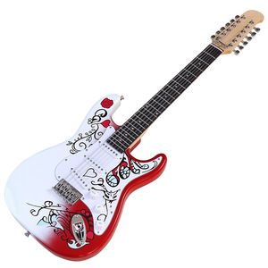 กีตาร์ไฟฟ้าลายพิมพ์ 12 สาย สีแดงไล่ระดับขาว ตัวบอดี้ทำจากไม้บาสวูด ปิ๊กอัพแบบ Passive Closed สำหรับการเรียนการสอนและการแสดง - Product Image 4