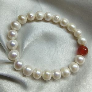8-9mm Freshwater Pearl and Red Agate <b>Elastic</b> String <b>Bracelet</b> for Babies Easy-to-Wear Small Gift with Slight Flaws - Product Image 1