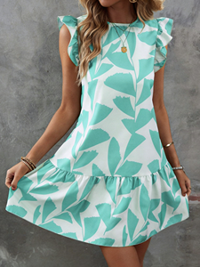 Mint Green <b>Leaf</b> Print Ruffled Sleeve A-Line Mini Dress for Women - Casual Vintage Spring Summer Vacation Dress - Product Image 4