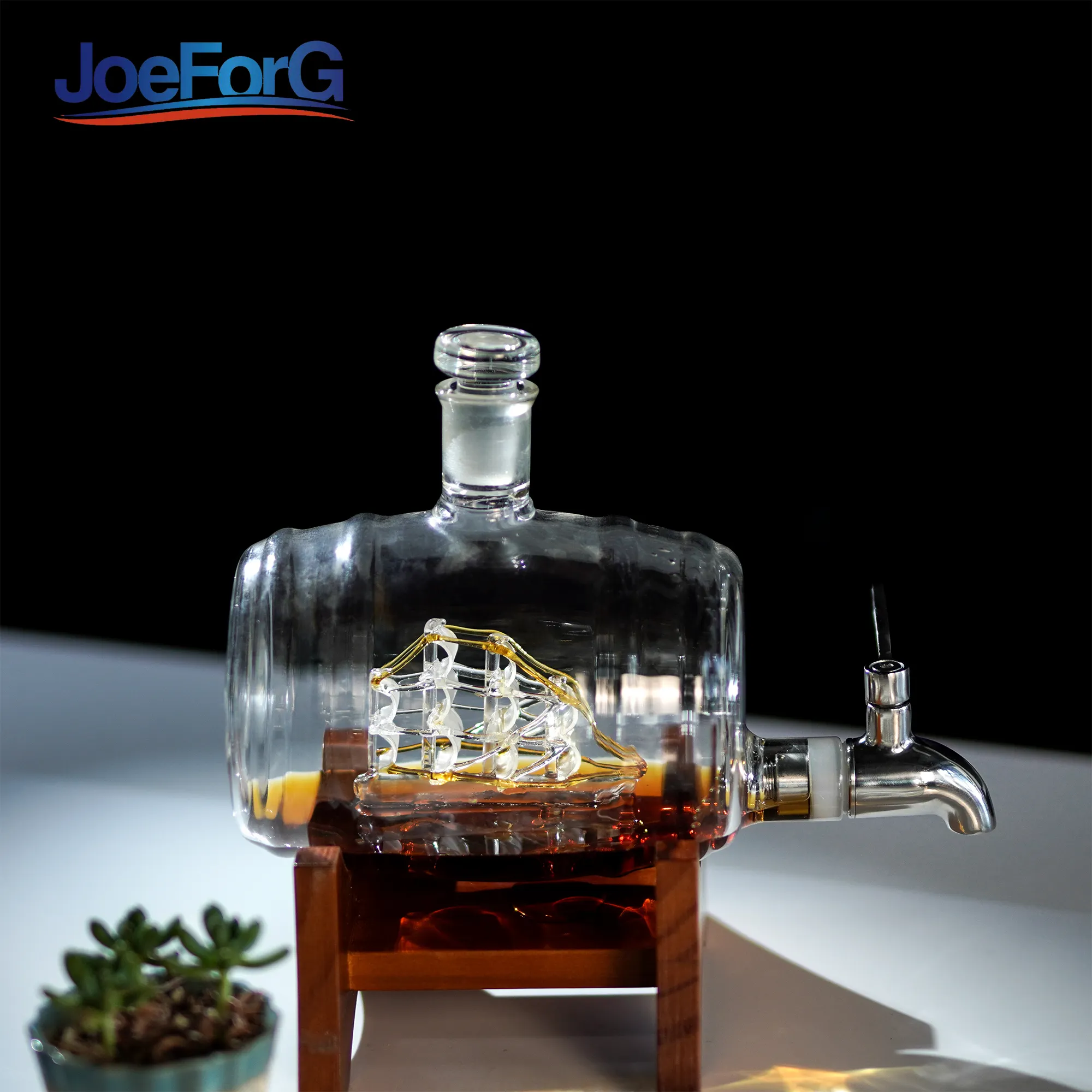 JoeForG Wholesale Guaranteed quality unique quick vintage colored 35OZ Sailing Boat Barrel Liquor glass wholesale decanter