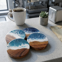 Posavasos Ecológico de Madera Pulida con Base Lisa, Estilo Europeo, Impresión UV 3D de Olas Marinas, Resistente al Agua