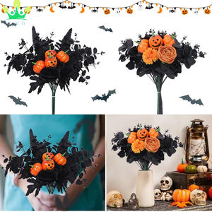 Mazzo di <span class=keywords><strong>zucca</strong></span> con faccia di fantasma artificiale per natale e Halloween rose nere piante verdi simulate foglie di acero nero decorazione - Product Image 2