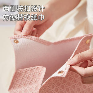 กล่องกระดาษทิชชูทอแบบหรูหราสำหรับรถยนต์ ห้องนั่งเล่น ที่เก็บของอเนกประสงค์ ที่จัดระเบียบบนโต๊ะ สีเบจ พร้อมกระดุมไม้ - Product Image 3