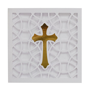 Carte d'invitation blanche laser 3D avec croix dorée, style européen et américain, pour baptême, en stock usine - Product Image 3
