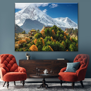 Impresión en Lienzo del Monasterio Budista de Nepal y el Monte Manaslu en el Himalaya, Decoración de Hotel, Decoración del Hogar - Product Image 1