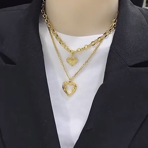 European American Retro Fashion Layered <b>Titanium</b> Steel <b>Chain</b> Heart Pendant Necklace Gold Gift Jewelry - Product Image 2