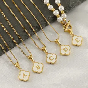 White Shell A Z 26 Initial Letter Necklace Stainless Stell Jewelry Fashion Adjustable Clover Shape Letter Necklace