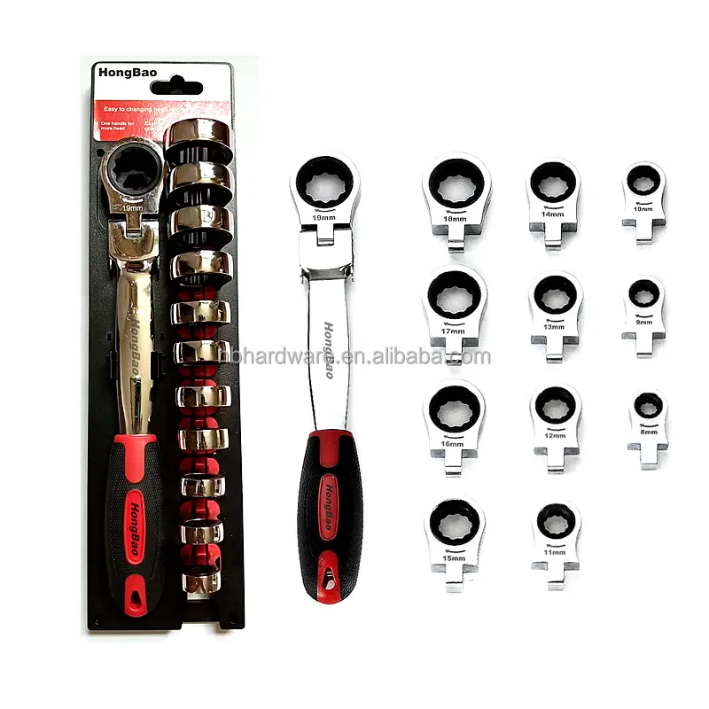 12 Piece Quick Exchange Head Ratchet Wrench Tools Kit Flex Wrench Torque Fast Change Multi Size Head Flexible Spanner Tool Set
