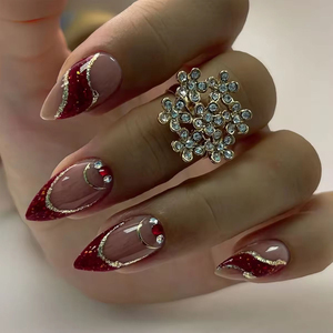 Lot de 24 faux ongles à presser, forme amande courte, coupe large, rouge et bleu, avec fleurs 3D et strass, emballage personnalisé, OEM ODM - Product Image 4