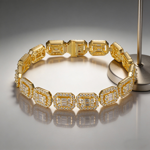 Luxury Yellow Gold Diamond Tennis <b>Bracelet</b> Baguette Cut Geometric Chain Link Unisex Jewelry - Product Image 5