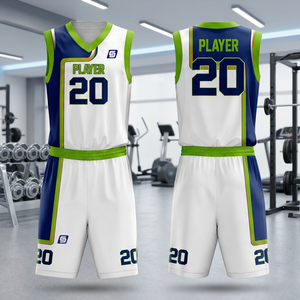Ensemble de maillots de basket-ball sublimés personnalisés Blanc Marine Vert Joueur 20 Sans manches Col en V Polyester respirant Adulte Unisexe - Product Image 5