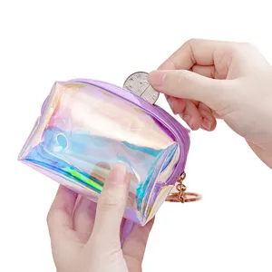 Promotion Zipper Transparent Wallet Waterproof Clear Pvc Pouch Holographic Iridescent Laser Coin Purse With Metal Key Ring