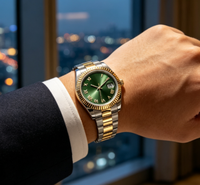 Montre-bracelet bicolore pour hommes d'affaires, cadran vert soleil, chiffres romains, affichage de la date à 3 heures, bracelet en acier