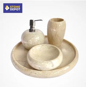 Distributeur de savon liquide en marbre beige de Bali - Design moderne, pompe à mousse, diamètre 8 cm, hauteur 15,5 cm, utilisation hôtelière, lot de 4 pièces - Product Image 3