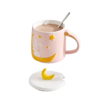 Mug Wajah Kelinci Bulan Kawayi Kartun Anak-anak Baru 14 Oz Mug Hewan 3d Diskon Besar