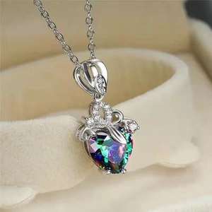 Heart-Shaped Rainbow Pendant Necklace With Imitation Tourmaline Zinc Alloy Claw Setting For Women Gift Jewelry - Product Image 3