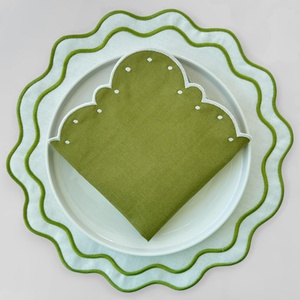 Custom LOGO Embroidered Handmade <b>Cloth</b> Pure Cotton <b>Linen</b> Napkins and Placamat Set 100% <b>Linen</b> Embroidered Scallop Edge - Product Image 1