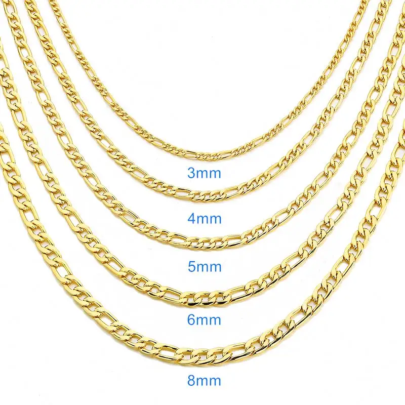 Wholesale Custom 3mm 4mm Necklace Chain 18K Gold Plated Filled Stainless Steel Thick NK Figaro Chain