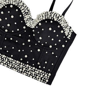 Nouveau haut en polyester à bretelles fines, sans bretelles, à motif de perles et de diamants, pour Noël, le festival du printemps, effet flash, corset à os de poisson, coupe ajustée, amincissant - Product Image 5