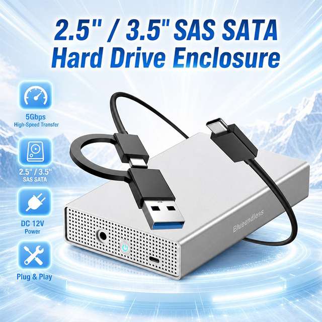 Blueendless 2.5 3.5 Inch SAS External Enclosure USB-C SAS/SATA SSD/HDD Hard Disk Drive Enclosure SAS SATA 2.5" 3.5"