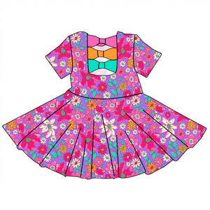 Abito a Ruota per Bambine in Morbido Tessuto di Bambù con Motivo Floreale Personalizzato di Alta Qualità, Maniche Corte e Fiocchi - Product Image 4