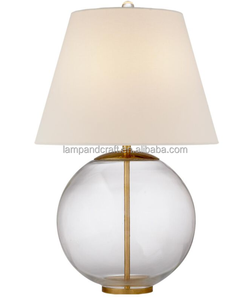 Lampe de table en verre transparent avec port USB et prise de courant, abat-jour en lin et base noire pour chambre d'hôtes, chambre à coucher, salon - Product Image 1